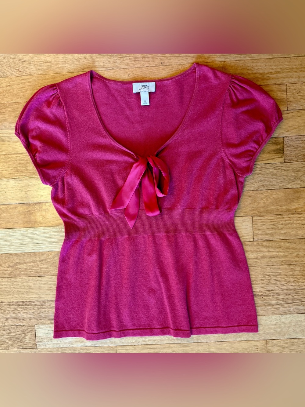 LOFT Fuchsia Tie-Front Short Sleeve Knit Sweater M